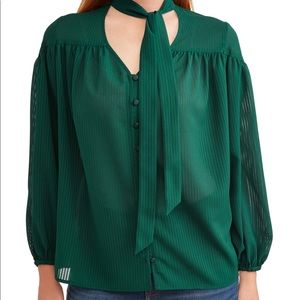 Time & Tru Green Tie Neck Long Sleeve Blouse Top